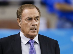 FILE - In this Sept. 27, 2015, file photo, NBC sportscaster Al Michaels stands on the field before an NFL football game between the Detroit Lions and the Denver Broncos in Detroit. Michaels quickly apologized after making a joke about Harvey Weinstein during "Sunday Night Football" on Oct. 15, 2017. AP Photo/Rick Osentoski, File)