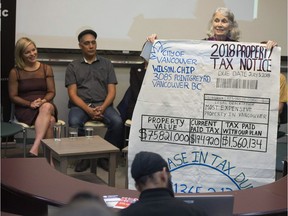 Vancouver council hopeful Jean Swanson holds a sign showing how much more Chip Wilson would pay under her proposed mansion tax.