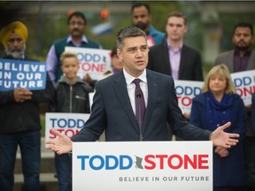B.C. Liberal MLA Todd Stone announces he will run for BC Liberal leadership, at Holland park in Surrey, B.C., Oct. 10, 2017.