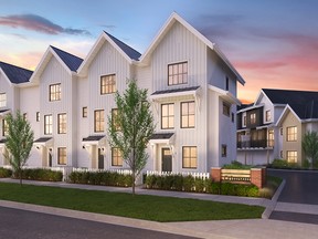 Crimson at Cloverdale Village townhome project by RDG Management Ltd. offers 59 townhomes anchored by a clubhouse.