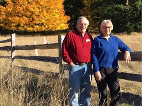 John Borst, president of Salt Spring Island Conservancy, and executive-director Christine Torgrimson, at Blackburn Lake nature reserve where a Brazilian free-tailed bat was discovered for the first time in Canada. Larry Pynn photo.