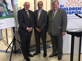 Doctors David Scheifele and Manish Sadarangani are joined by Save-On-Foods president Darrell Jones at the grand opening of the new in-hospital immunization clinic at BC Children’s Hospital, which Save-On-Foods funded with a $15-million donation.