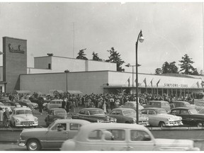 The opening of the first Simpsons-Sears in Nanaimo, June 19, 1954. The opening of the $650,000 store attracted 15,000 people. For a John Mackie story. [PNG Merlin Archive]
PNG