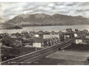 Downtown view of Vancouver from Georgia Street CPR Hotel, circa 1890. The street is probably Howe. In the distance is Blueblood Alley, Vancouver's first high-end residential district.