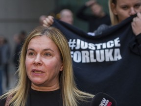 Clara Gordic talks to the media outside court in Vancouver Friday after guilty verdicts were delivered to those accused in the 2015 death of her son Luka Gordic.