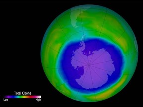 This false-color image shows ozone concentrations above Antarctica on Oct. 2, 2015
