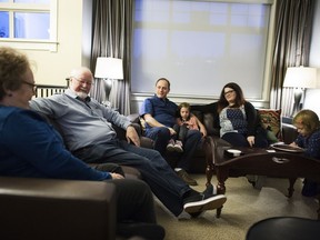 The Strong family, from left, Toireasa, Roger, Anton, Shila, 6, Samantha and Maretta, 6, in their multigenerational household in Abbotsford on Nov. 19.