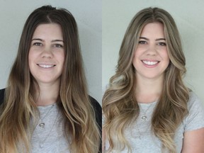 Ashley Westerager is a 32-year-old receptionist and wanted to lighten up her colour for the holidays. On the left is Ashley before her makeover by Nadia Albano. On the right is Ashley after.