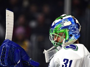 Anders Nilsson of the Vancouver Canucks in goal against the Los Angeles Kings at Staples Center on November 14, 2017 in Los Angeles, California.