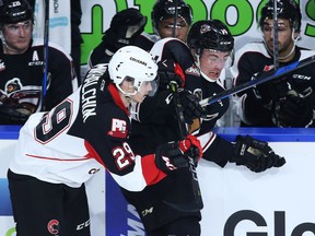 James Malm of the Vancouver Giants, right, wants to test himself against the best — and that includes a showdown with Kelowna Rockets forward and Canucks prospect Kole Lind.