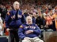 Former United States Presidents George W. Bush and George H.W. Bush speak to the crowd before game five of the 2017 World Series between the Houston Astros and the Los Angeles Dodgers at Minute Maid Park on October 29, 2017 in Houston, Texas.