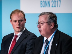 BONN, GERMANY - NOVEMBER 13: Francis Brooke (L-R), Office of the Vice President, and Barry Worthington, United States Energy Association, attend an event titled: "The Role of Cleaner and More Efficient Fossil Fuels and Nuclear Power in Climate Mitigation" at the COP 23 United Nations Climate Change Conference on November 13, 2017 in Bonn, Germany. The event, organized by the Trump administration and led by a delegation of U.S. coal, nuclear power and gas energy representatives, seeks to make the case for the ongoing use of the three power sources in bridging current global energy demand and the developing capacity of renewable energy sources. Also in attendance at the U.N. climate conference is a consortium of U.S. governors, mayors and business representatives who, under the "America's Pledge" initiative, are seeking to affirm the continued commitment by the U.S. in fulfilling its commitment to the Paris Climate Agreement, despite the contrary actions and policies of the Trump administration.