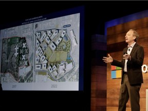 Microsoft President and Chief Legal Officer Brad Smith talks about plans for the Microsoft campus during the annual Microsoft shareholders meeting in Bellevue, Washington on November 29, 2017.