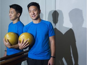 Andrew Cho in the gym as he recovers from a burst blood vessel in a vertebrae that caused instant paralysis, Vancouver, November 02 2017.