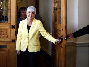 FILE PHOTO - B.C. Finance Minister Carole James leaves the legislative assembly after delivering the budget from the legislative assembly at Legislature in Victoria, B.C., on Monday, September 11, 2017.
