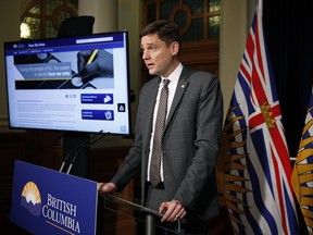 Attorney General David Eby speaks to media following the public engagement launch for next year's provincial referendum on electoral reform during a press conference at Legislature in Victoria, B.C., on Thursday, November 23, 2017.
