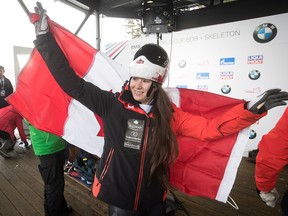 Canada's Jane Channell, of North Vancouver, celebrates her second-place finish during a World Cup Skeleton race in Whistler, B.C., on Friday November 24, 2017.