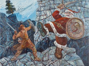 Clash of the Titans: St. Michael vs. St. Nicholas, acrylic on canvas, by David Mayrs. It's in We All Drew, Always at the West Vancouver Museum to Dec. 16.