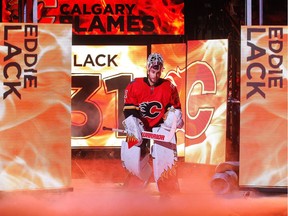 Eddie Lack of the Calgary Flames steps on the ice before a game against the Winnipeg Jets at the Saddledome in October.