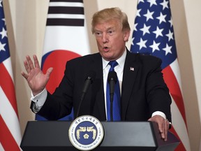 U.S. President Donald Trump speaks during a joint press conference with South Korean President Moon Jae-In at the presidential Blue House in Seoul, South Korea, on Nov. 7, 2017.