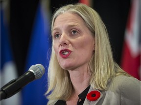 Federal Environment Minister Catherine McKenna responds to questions during a news conference after a Canadian Council of Ministers of the Environment meeting in Vancouver on Friday, November 3, 2017.