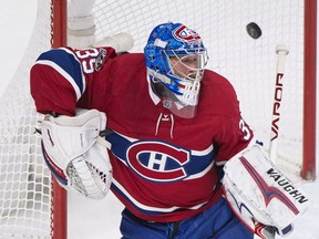 Montreal Canadiens goaltender Charlie Lindgren is scored on by Toronto Maple Leafs' Nazem Kadri during second-period play in Montreal, Saturday, Nov. 18, 2017.