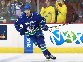 Anton Rodin skates up ice during the Vancouver Canucks’ Dec. 28, 2016 NHL game against the visiting Los Angeles Kings, one of three NHL games he’s played for the Canucks since signing with the team earlier that year.