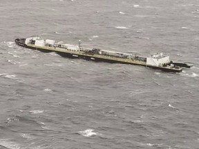 Officials say a loaded fuel barge that broke away from its tug off British Columbia's central coast is now being towed to a safe location and no pollution has been observed. The Zidell Marine 277 us seen in rough waters off the B.C. coast in a handout photo.