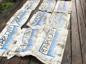 Several of the plastic feed bags that were recovered from Tofino-area beaches over the weekend.