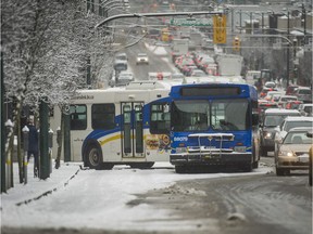 A bus is stuck on Broadway near Manitoba in Vancouver on Feb. 3, 2017.