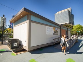 Modular house set up at Robson Square in Vancouver, B.C., September 26, 2017. The City of Vancouver invited the public to tour a temporary modular housing display suite to learn more about the City's goals to help those hardest hit by the housing crisis.