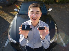 Alex Jang, CEO of BlackboxMyCar, with dash cameras in Richmond on Sunday.