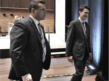 Prime Minister Justin Trudeau prepares to speak to media following at the UN Peacekeeping Defence Ministerial Conference in Vancouver, BC., November 15, 2017.