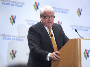 The head of Kinder Morgan Canada Ltd. is applauding Alberta's efforts to put pressure on British Columbia in the pipeline dispute and calling on the federal government to do more. Ian Anderson, president, Kinder Morgan Canada, makes the keynote speech at the Greater Vancouver Board of Trade's annual Energy Forum, in Vancouver, November 30, 2017.