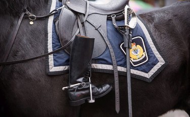 A riderless horse follows the funeral procession carrying the body of Abbotsford Police Const. John Davidson, who was killed in the line of duty Nov. 6, as it makes its way to a memorial service in Abbotsford on Sunday, Nov. 19, 2017.