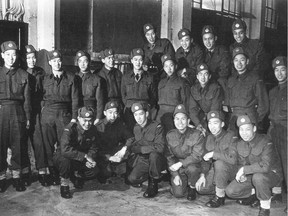 This is circa 1944 photo of recruits from B.C., before they were deployed to South East Asia as part of secret British-led Force 136 unit during the Second World War. Ronald Lee is in the back row, left, glasses.