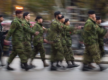 Members of the Canadian Forces march during a Remembrance Day ceremony in Vancouver, B.C., on Saturday November 11, 2017.