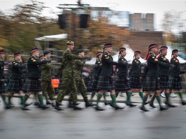 Members of the Canadian Forces march during a Remembrance Day ceremony in Vancouver, B.C., on Saturday November 11, 2017.