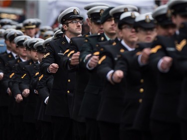 Members of the Canadian Forces march during a Remembrance Day ceremony in Vancouver, B.C., on Saturday November 11, 2017.