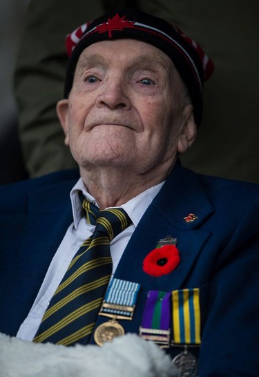 Second World War and Korean War veteran Sidney Elston, 90, attends a Remembrance Day ceremony in Vancouver, B.C., on Saturday November 11, 2017.