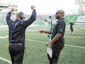 Saskatchewan Roughriders head coach Chris Jones, shown celebrating a victory over the visiting Toronto Argonauts on July 29, will be rejoicing once again on Sunday, according to columnist Rob Vanstone.