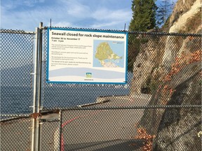 VANCOUVER, B.C.: NOV. 5, 2017 – A section of the Stanley Park Seawall between Ferguson and Prospect points in Vancouver, B.C. will be closed on weekdays between Nov. 6 and 17, 2017 for rock scaling and annual maintenance.