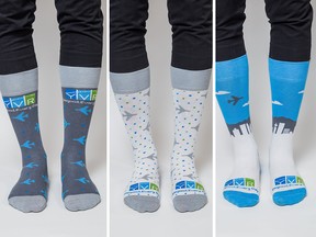 (L-R) The Frequent Flyer, The Celebration, and The Vancouverite, three fresh pairs of socks you can buy at YVRsocks.com.