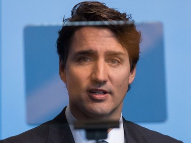 Prime Minister Justin Trudeau is seen through a teleprompter while addressing delegates during the 2017 United Nations Peacekeeping Defence Ministerial conference in Vancouver, B.C., on Wednesday November 15, 2017