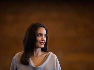 UNHCR Special Envoy Angelina Jolie stands to leave after giving the keynote address to delegates at the 2017 United Nations Peacekeeping Defence Ministerial conference in Vancouver, B.C., on Wednesday November 15, 2017.