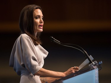 UNHCR Special Envoy Angelina Jolie gives the keynote address to delegates at the 2017 United Nations Peacekeeping Defence Ministerial conference in Vancouver, B.C., on Wednesday November 15, 2017.