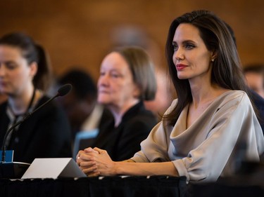 UNHCR Special Envoy Angelina Jolie listens to Minister of Foreign Affairs Chrystia Freeland after giving the keynote address to delegates at the 2017 United Nations Peacekeeping Defence Ministerial conference in Vancouver, B.C., on Wednesday November 15, 2017.