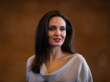 UNHCR Special Envoy Angelina Jolie stands to leave after giving the keynote address to delegates at the 2017 United Nations Peacekeeping Defence Ministerial conference in Vancouver, B.C., on Wednesday November 15, 2017