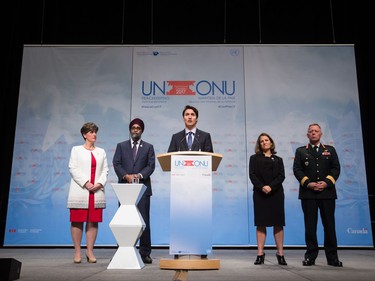 ime Minister Justin Trudeau, centre, responds to questions as Minister of International Development Marie-Claude Bibeau, from left to right, Defence Minister Harjit Sajjan, Minister of Foreign Affairs Chrystia Freeland and General Jonathan H. Vance, Chief of the Defence Staff, listen during a news conference at the 2017 United Nations Peacekeeping Defence Ministerial conference in Vancouver, B.C., on Wednesday November 15, 2017.