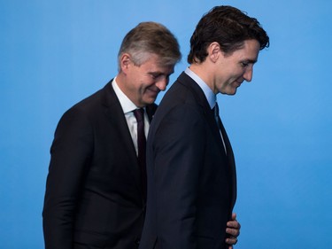 Prime Minister Justin Trudeau, front right, and United Nations Under-Secretary-General for Peacekeeping Operations Jean-Pierre Lacroix leave the stage after addressing delegates during the 2017 United Nations Peacekeeping Defence Ministerial conference in Vancouver, B.C., on Wednesday November 15, 2017.